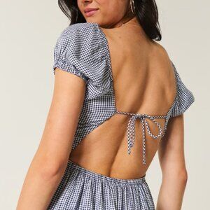 NWT XXL TALL Gingham Milkmaid Cottagecore Puff Sleeves Open Back Bow Maxi Dress
